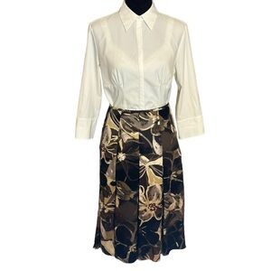 Ellen Tracey Silk Floral Pleated A-Line Flare Skirt Womens Neutral Colors Size 4